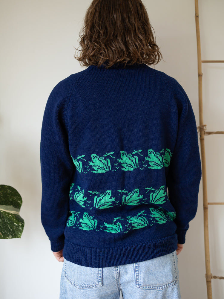 90s Navy Frog Knit Jumper - S
