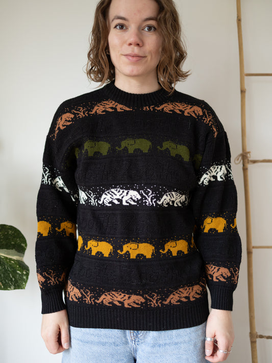 90s Black Jungle Animal Knit Jumper - S