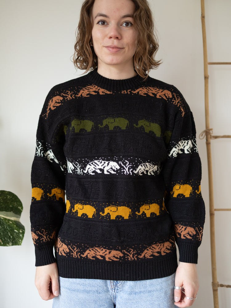 90s Black Jungle Animal Knit Jumper - S