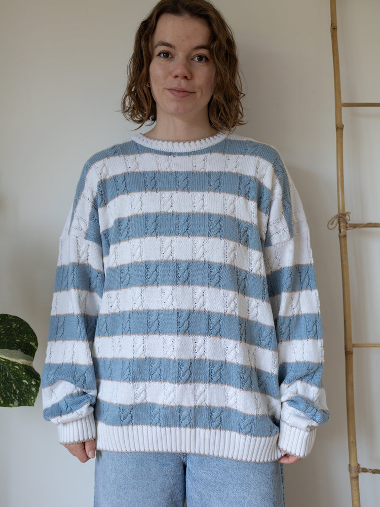 80s St Michael Blue Striped Cable Knit Jumper - XL