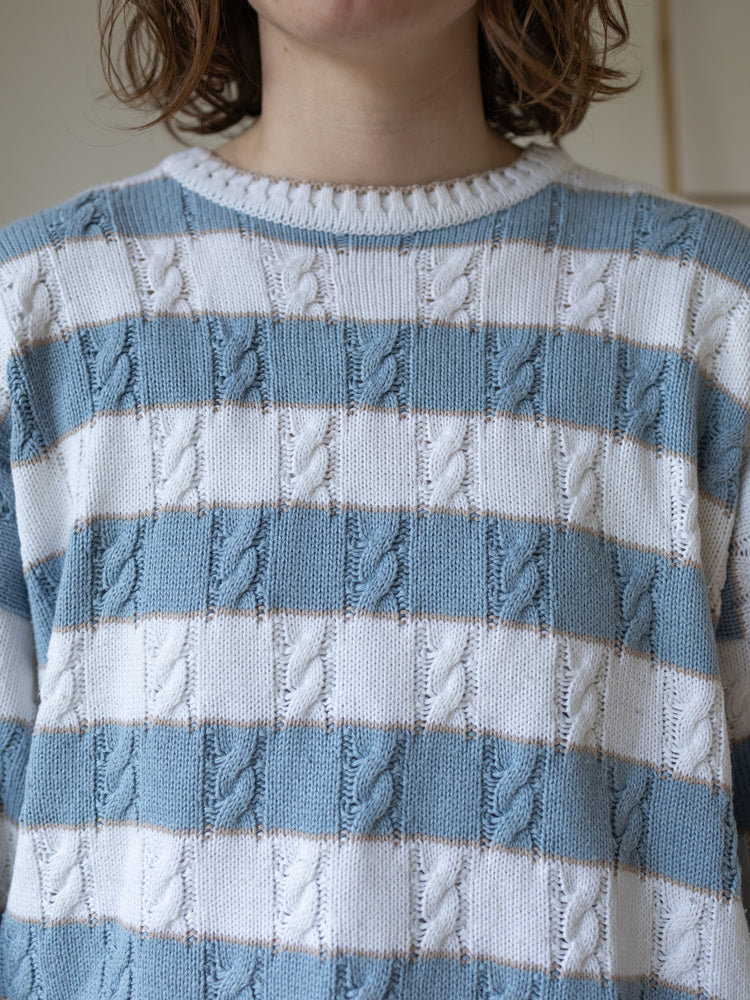 80s St Michael Blue Striped Cable Knit Jumper - XL