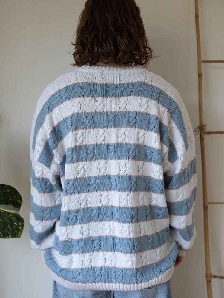 80s St Michael Blue Striped Cable Knit Jumper - XL