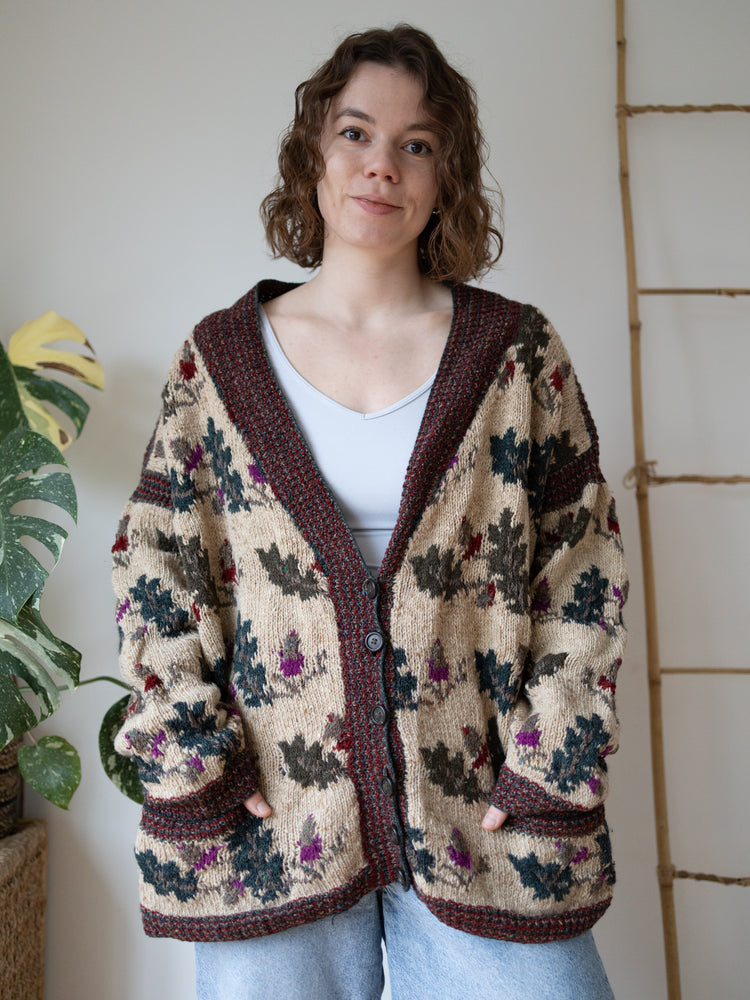80s Oatmeal Leaf Wool Cardigan - XL