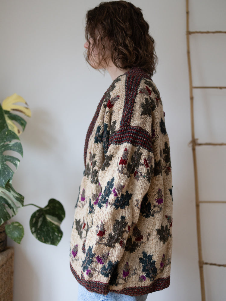 80s Oatmeal Leaf Wool Cardigan - XL