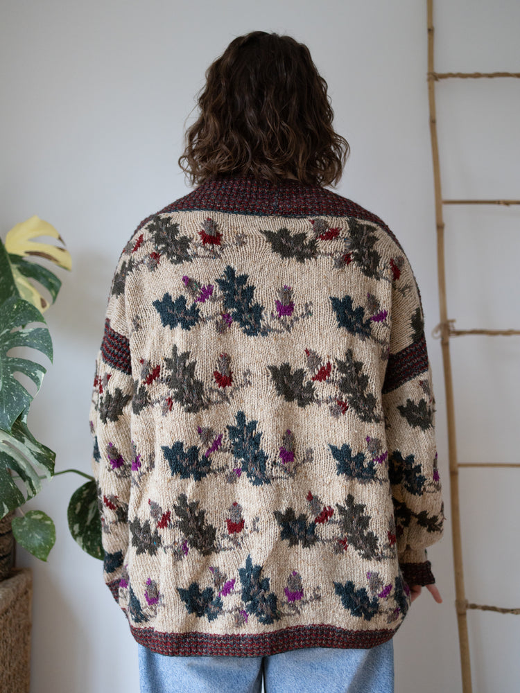 80s Oatmeal Leaf Wool Cardigan - XL