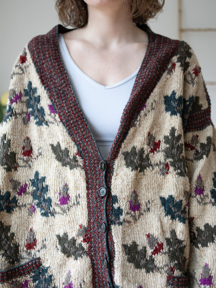 80s Oatmeal Leaf Wool Cardigan - XL