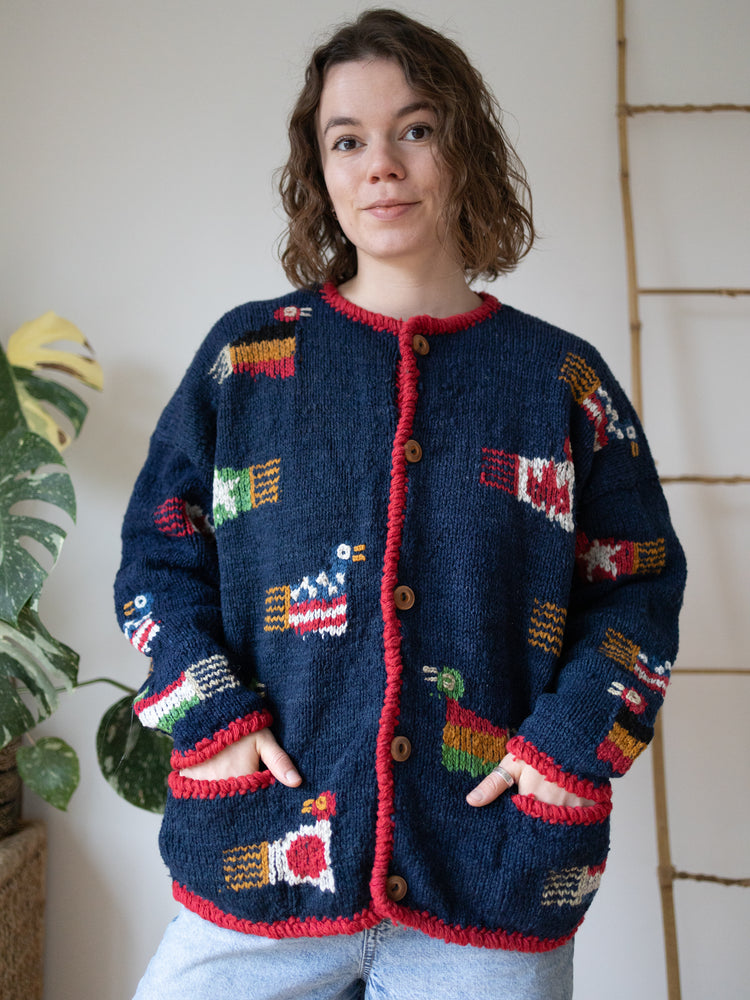 90s Amano Bird and Flags Cardigan - XL