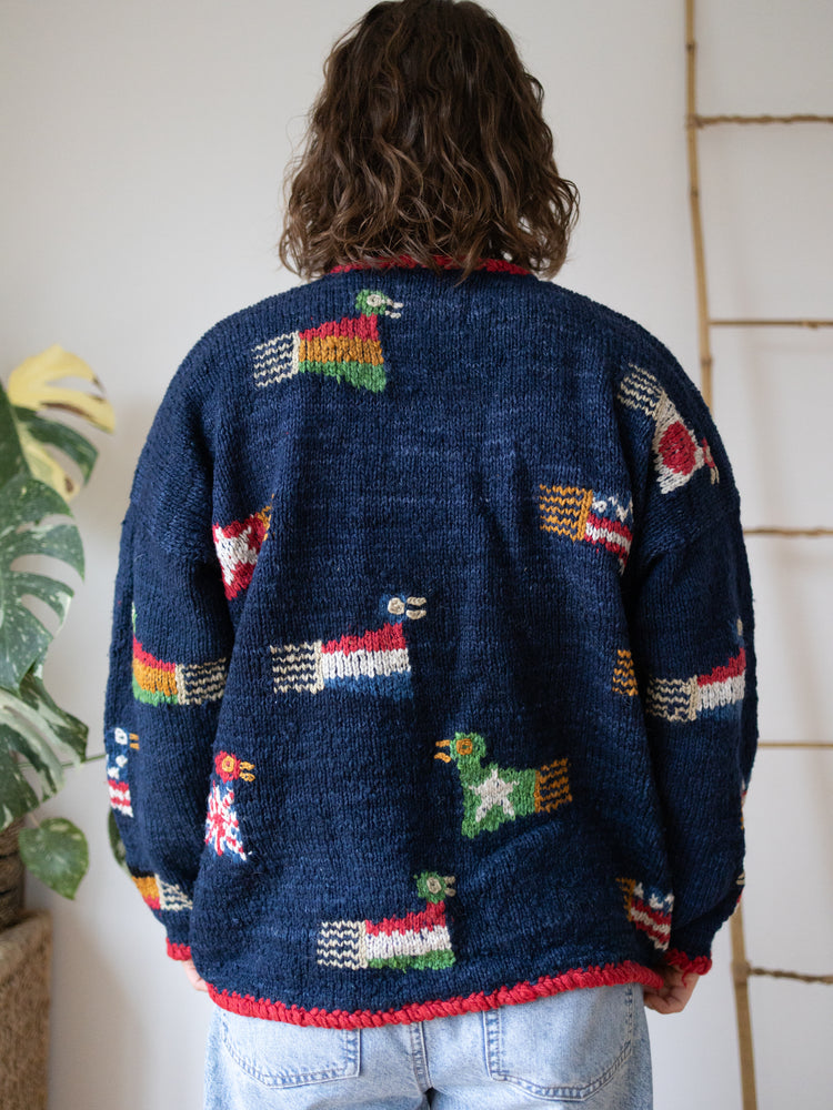 90s Amano Bird and Flags Cardigan - XL