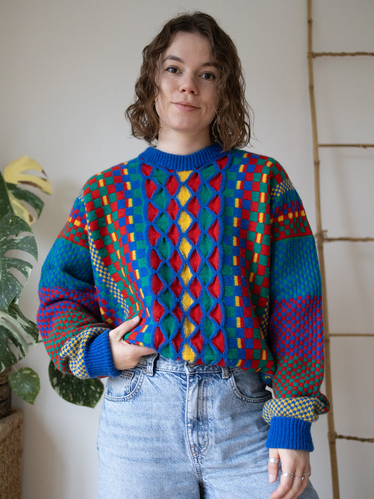 80s Funky Patterned Wool Jumper - L