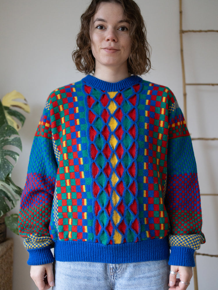 80s Funky Patterned Wool Jumper - L