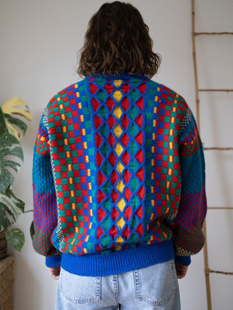 80s Funky Patterned Wool Jumper - L