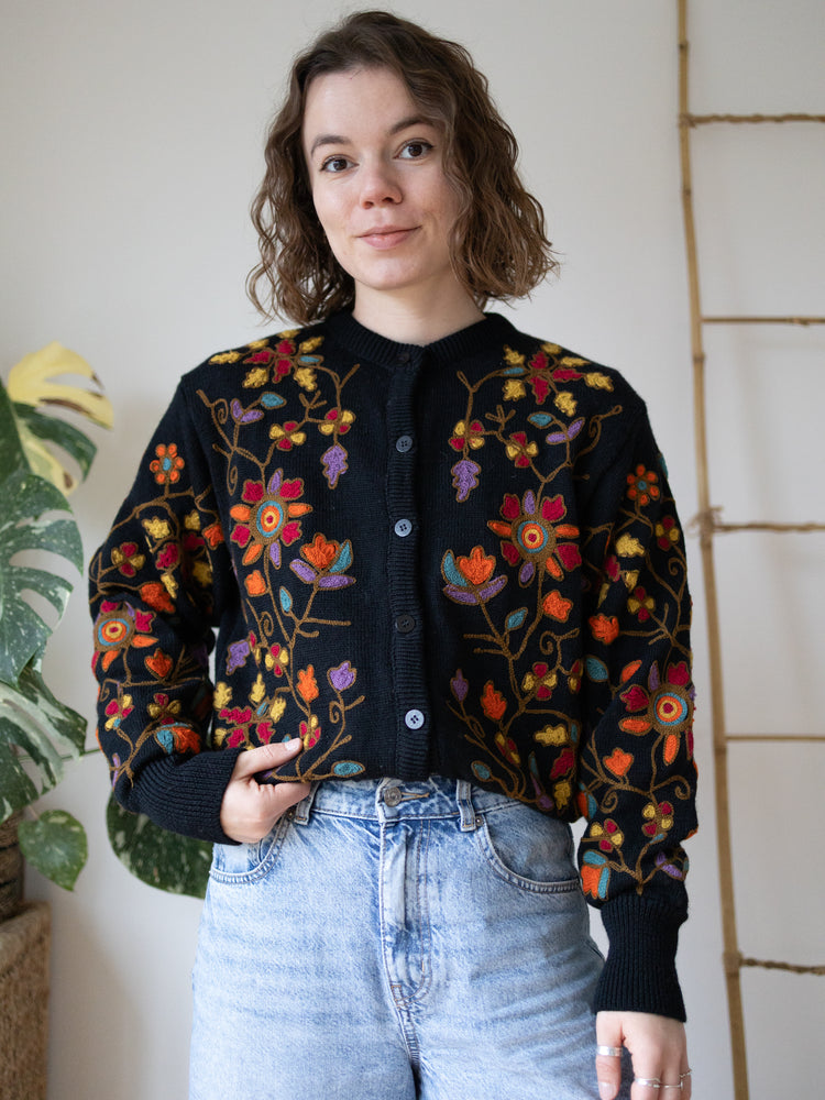 90s French Connection Floral Embroidered Cardigan - M