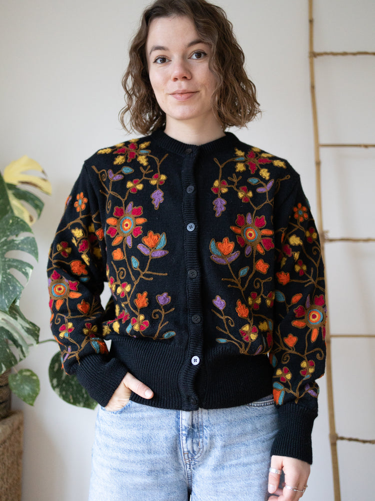 90s French Connection Floral Embroidered Cardigan - M