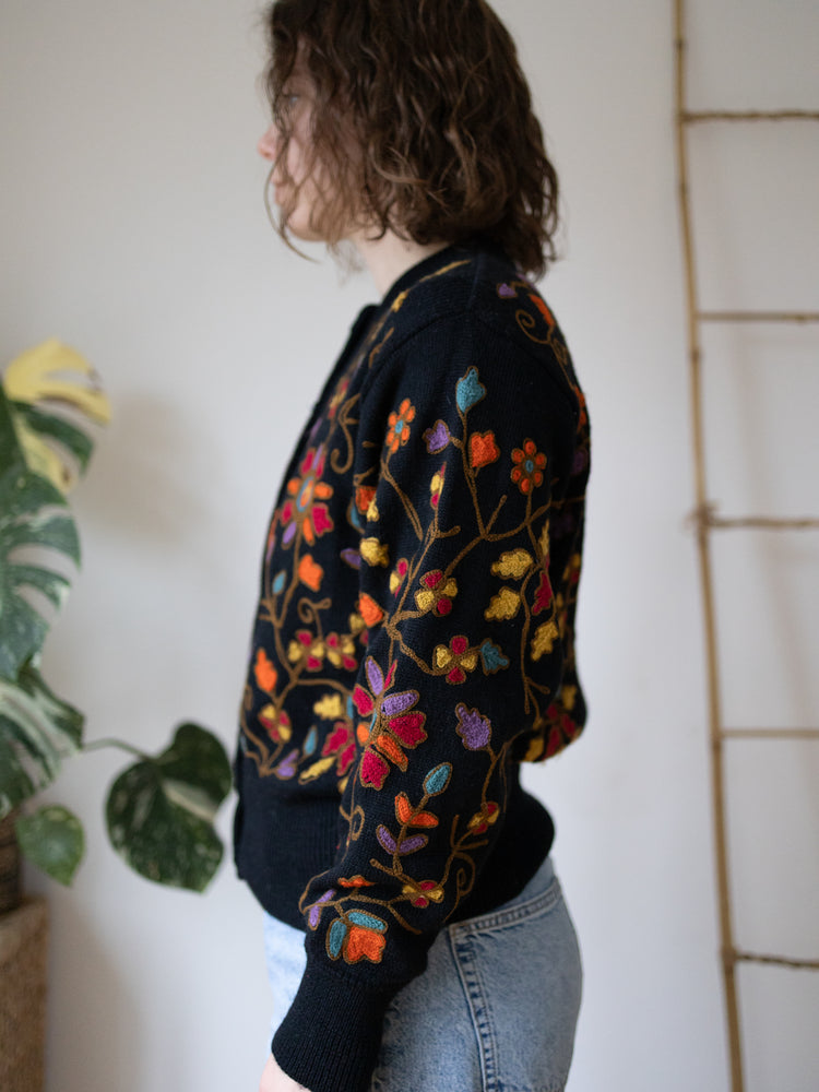 90s French Connection Floral Embroidered Cardigan - M