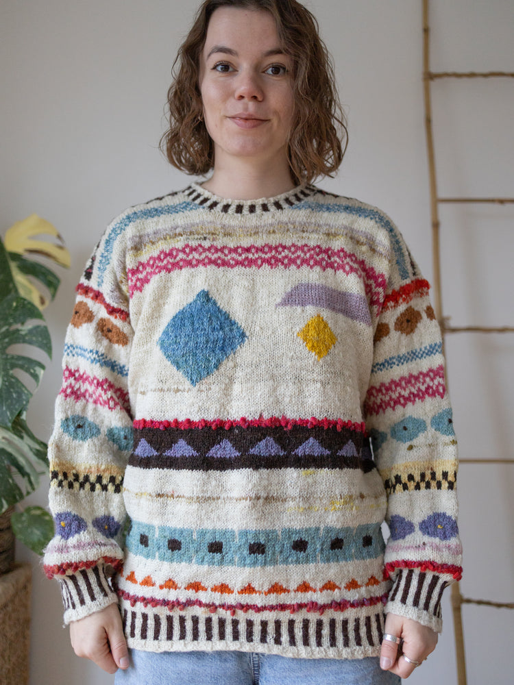 70s Hand Knitted Kaffe Fassett Inspired Jumper - M