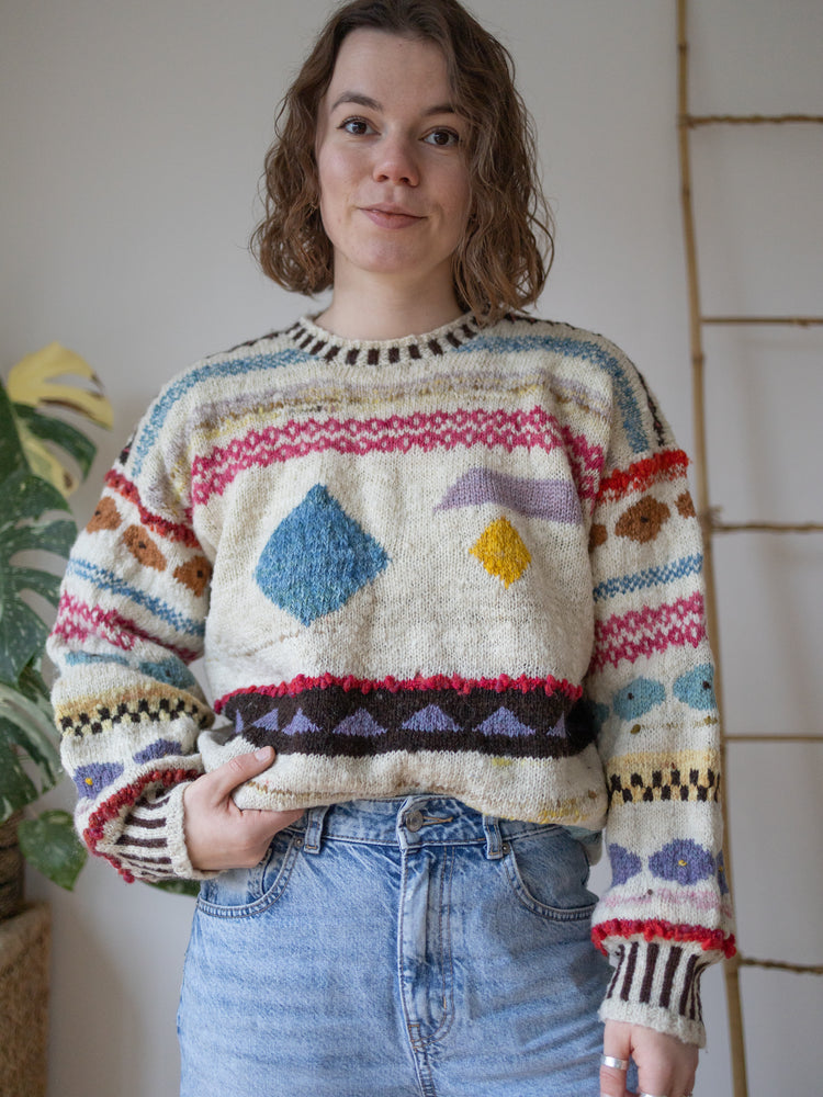 70s Hand Knitted Kaffe Fassett Inspired Jumper - M