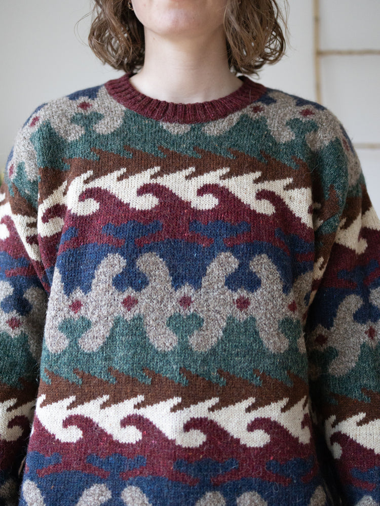 90s Burgundy Patterned Jumper - L