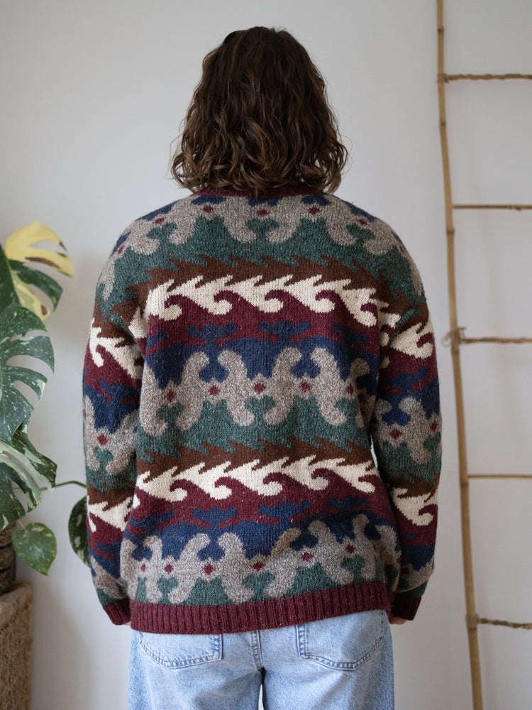 90s Burgundy Patterned Jumper - L
