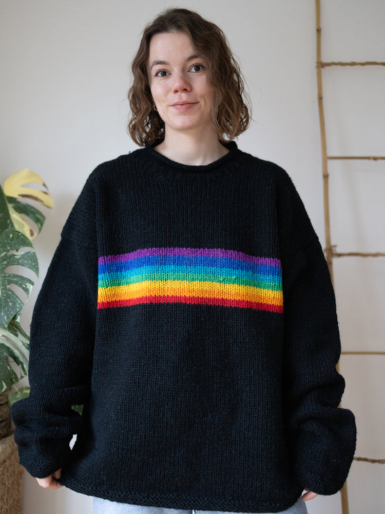 90s Black Rainbow Stripe Wool Jumper - XXL