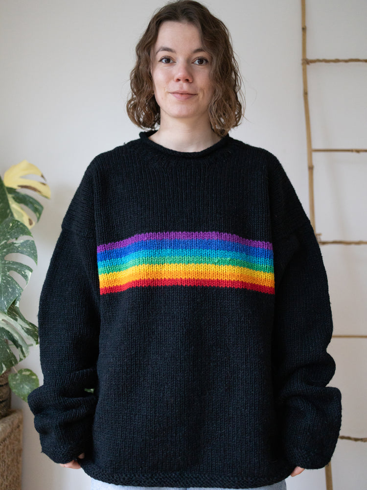 90s Black Rainbow Stripe Wool Jumper - XXL