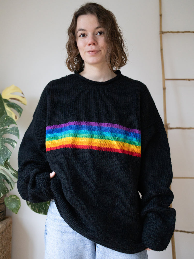 90s Black Rainbow Stripe Wool Jumper - XXL