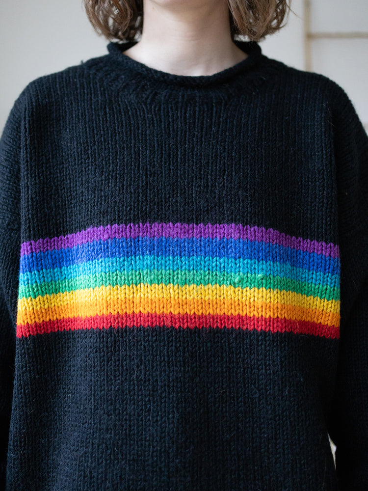 90s Black Rainbow Stripe Wool Jumper - XXL