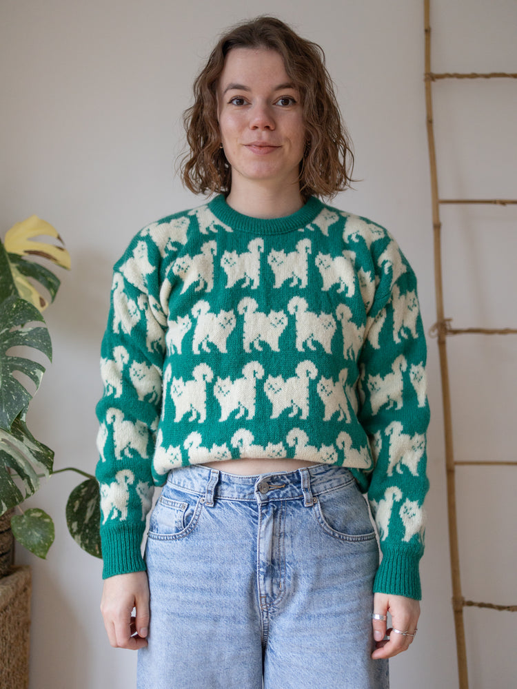 90s Green Cat Wool Jumper - S