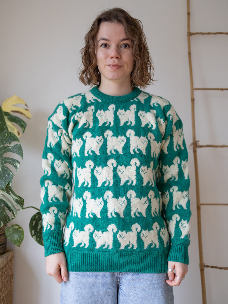 90s Green Cat Wool Jumper - S