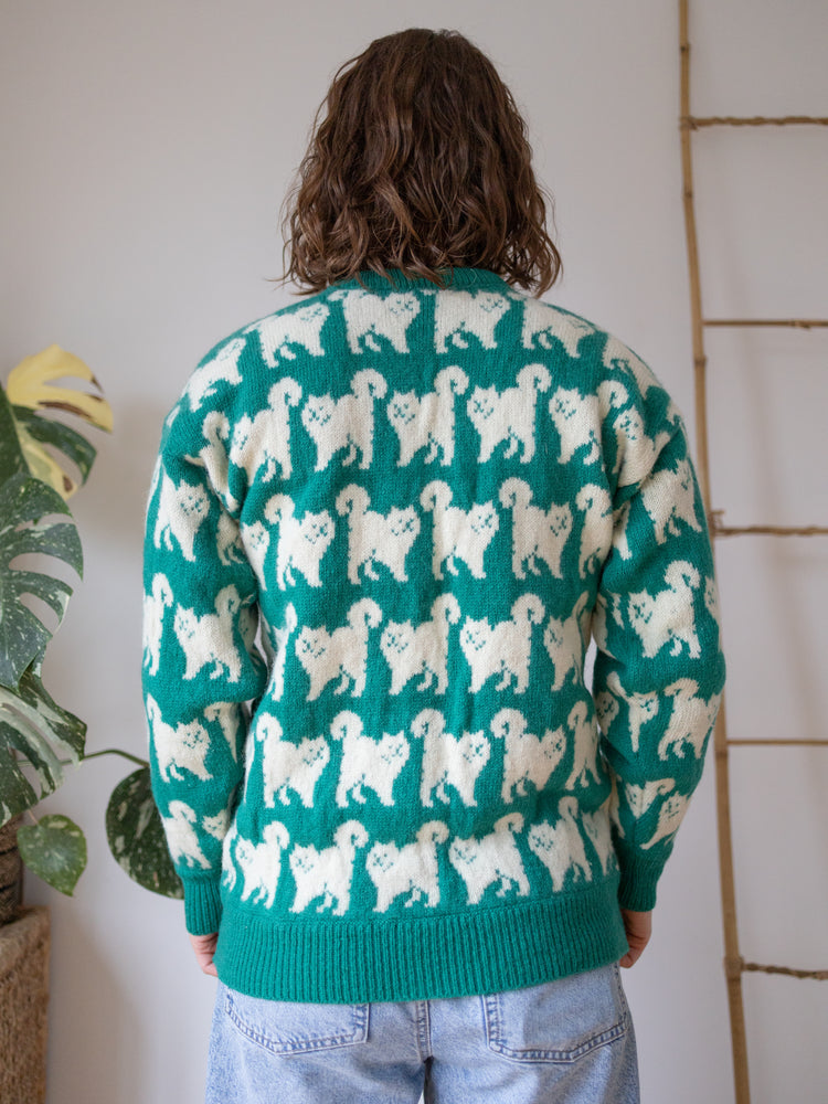 90s Green Cat Wool Jumper - S