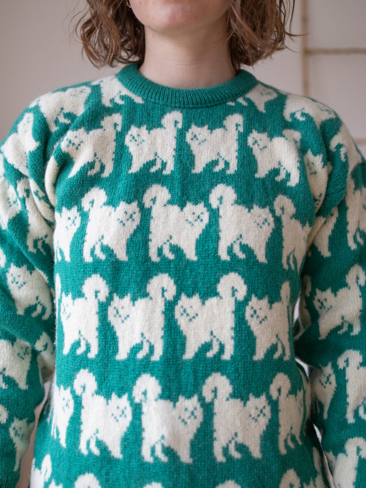 90s Green Cat Wool Jumper - S