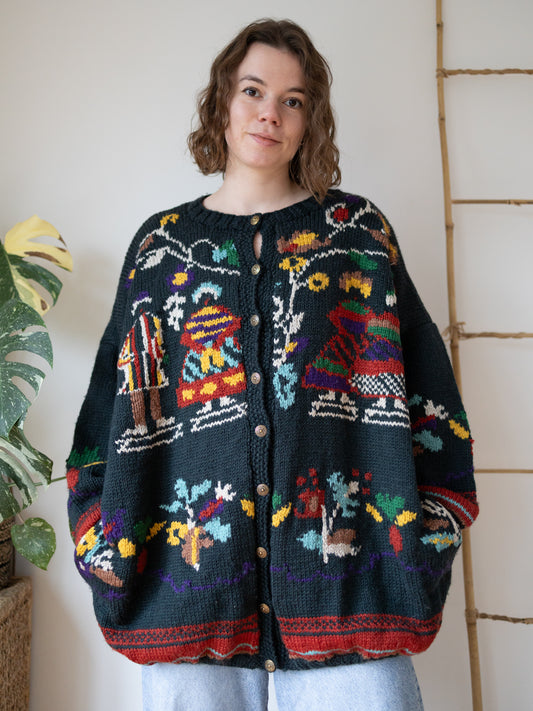 90s Dark Green Folk Patterned Wool Cardigan - XXL