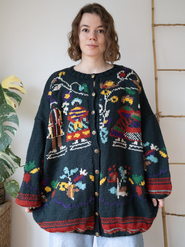 90s Dark Green Folk Patterned Wool Cardigan - XXL
