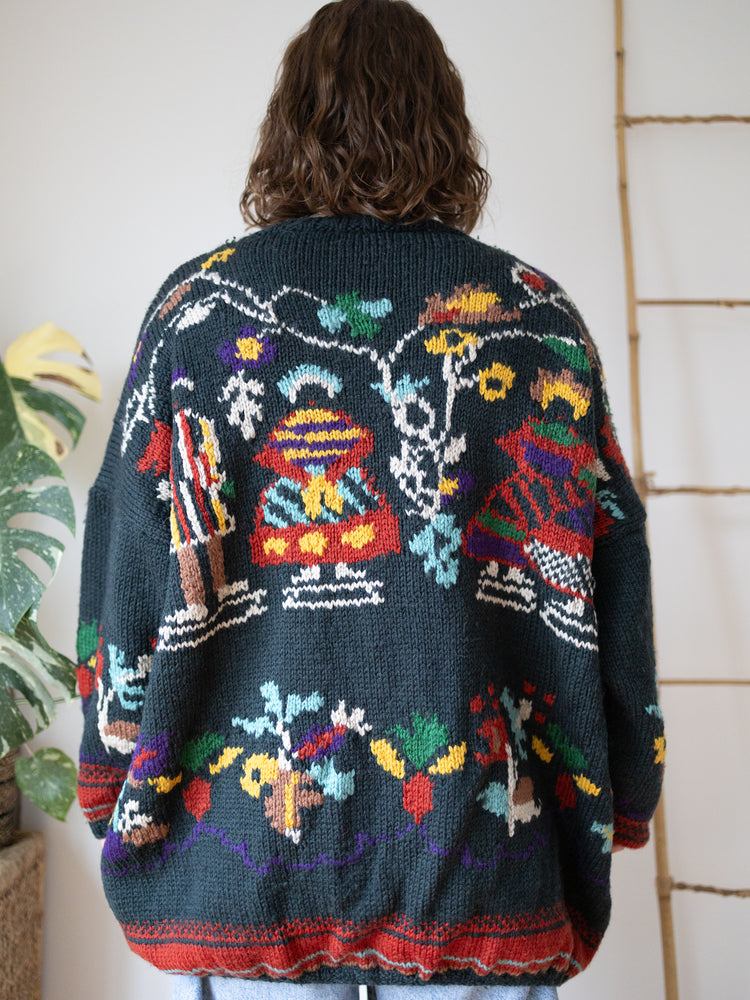 90s Dark Green Folk Patterned Wool Cardigan - XXL