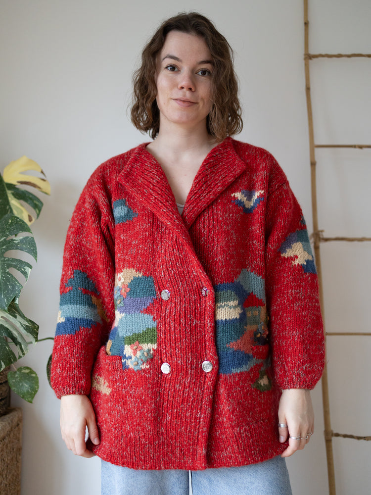 90s Red Tree Embroidered Wool Cardigan - XL