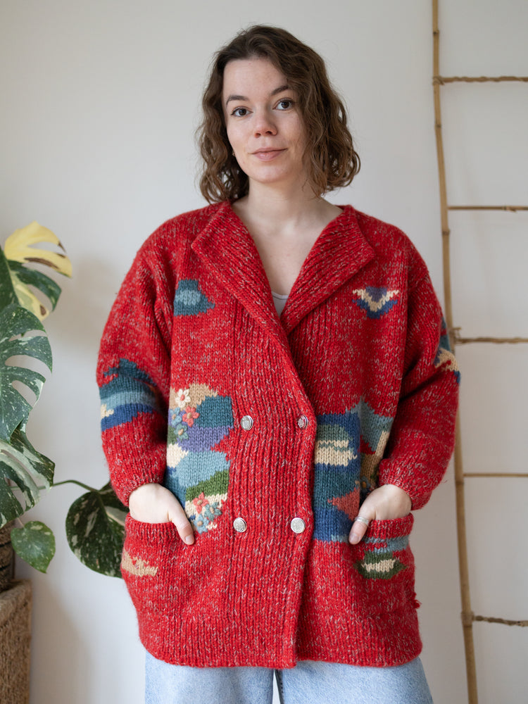 90s Red Tree Embroidered Wool Cardigan - XL