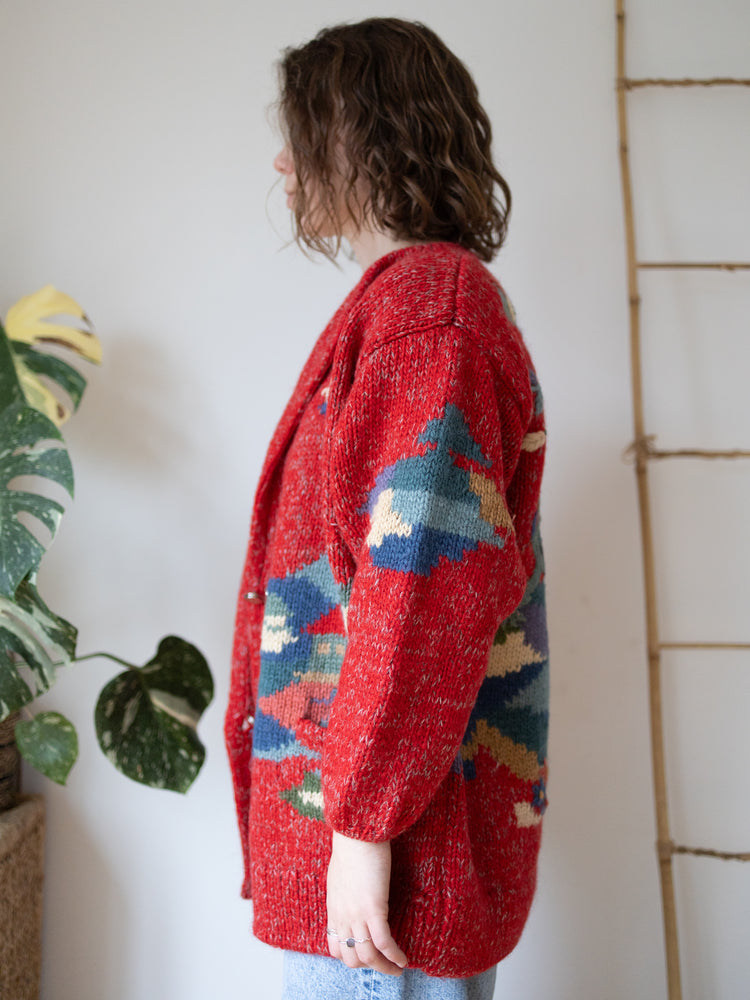 90s Red Tree Embroidered Wool Cardigan - XL