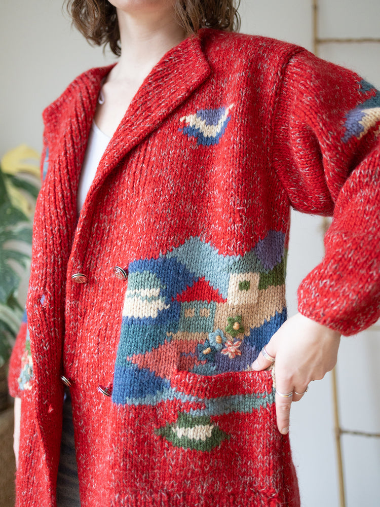 90s Red Tree Embroidered Wool Cardigan - XL