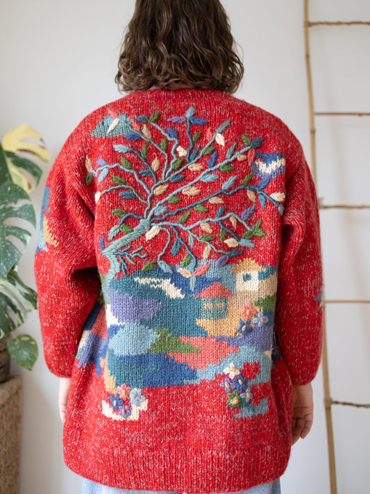 90s Red Tree Embroidered Wool Cardigan - XL