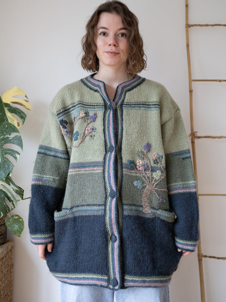 90s Sage Green Tree Embroidered Wool Cardigan - XXL