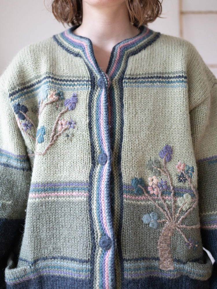 90s Sage Green Tree Embroidered Wool Cardigan - XXL