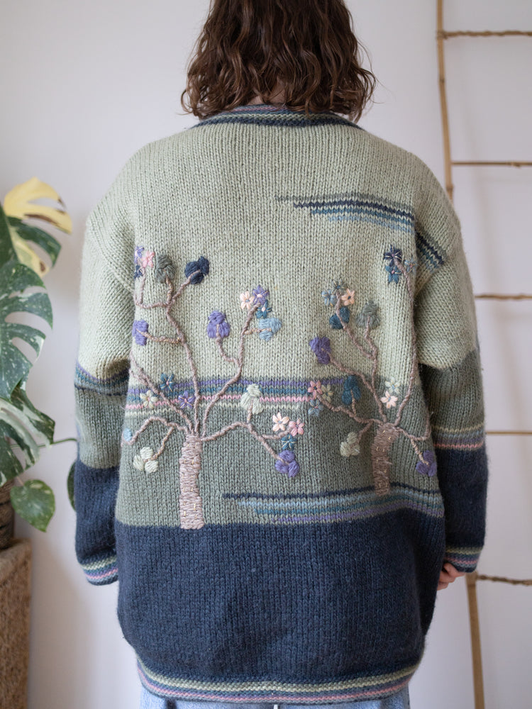 90s Sage Green Tree Embroidered Wool Cardigan - XXL