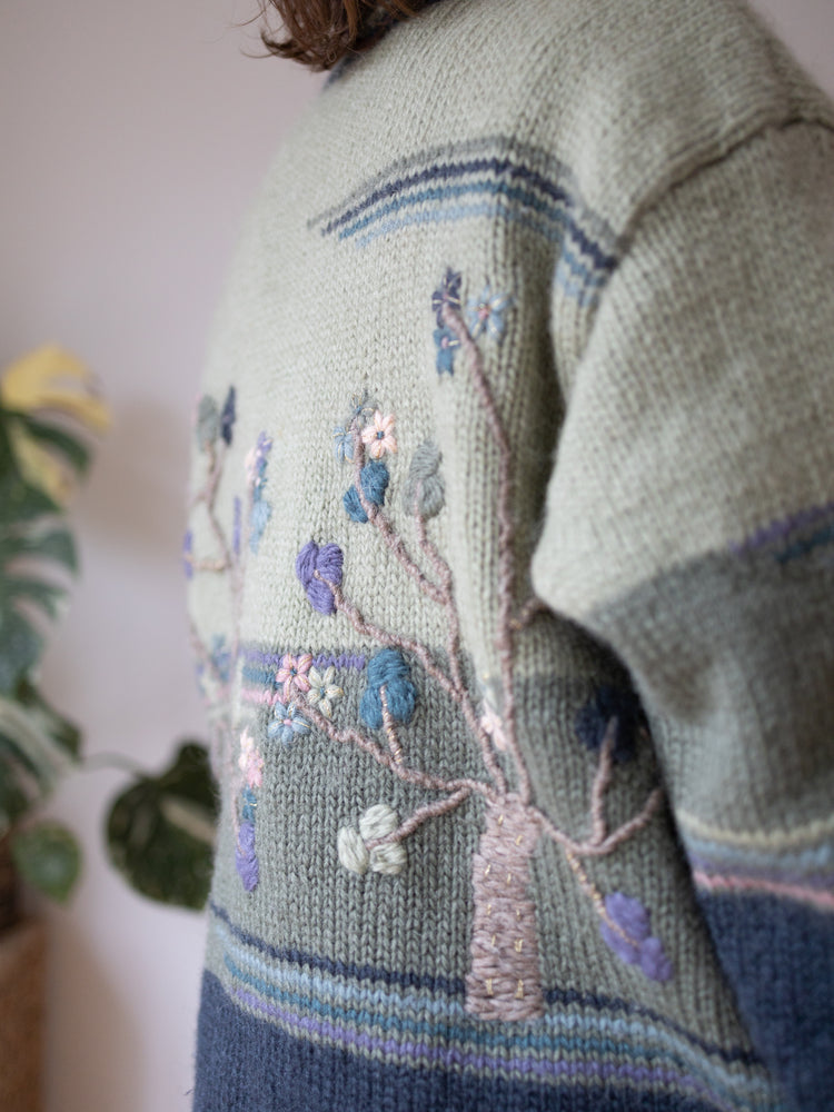 90s Sage Green Tree Embroidered Wool Cardigan - XXL