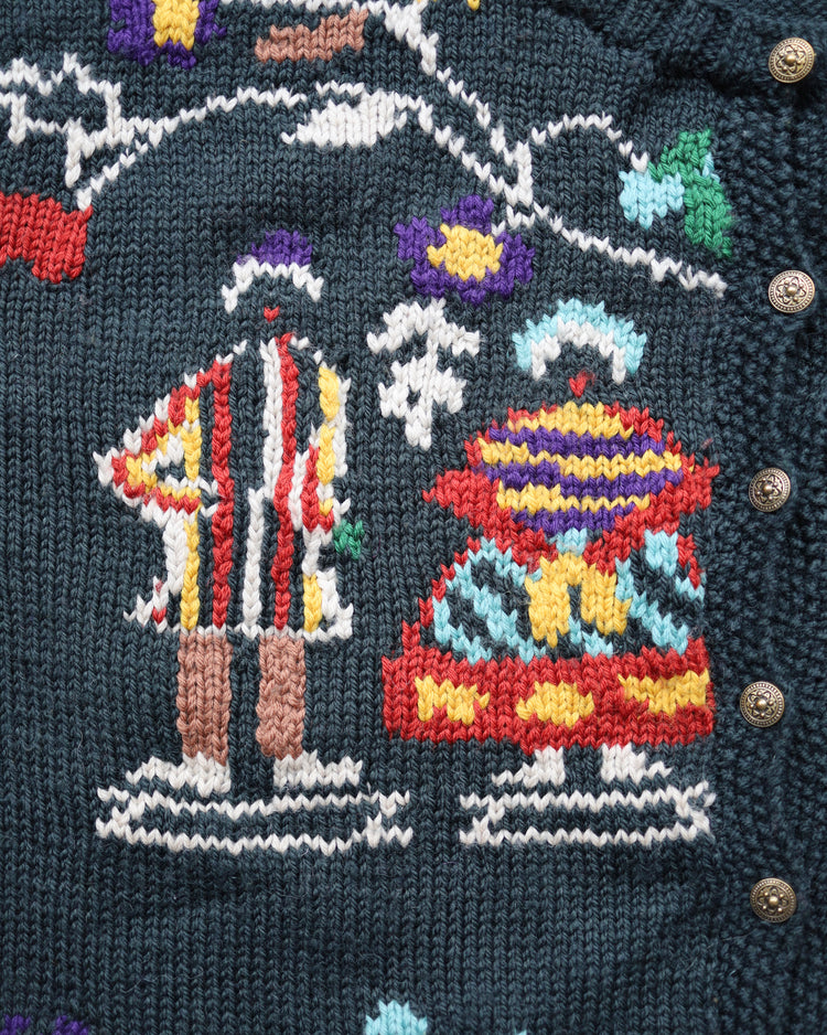 90s Dark Green Folk Patterned Wool Cardigan - XXL