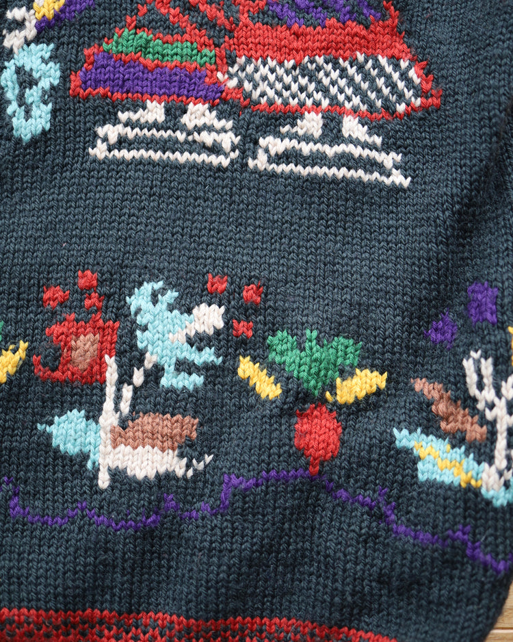 90s Dark Green Folk Patterned Wool Cardigan - XXL