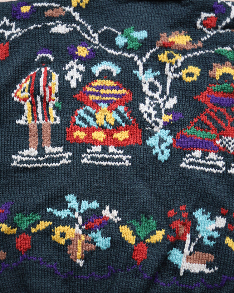 90s Dark Green Folk Patterned Wool Cardigan - XXL