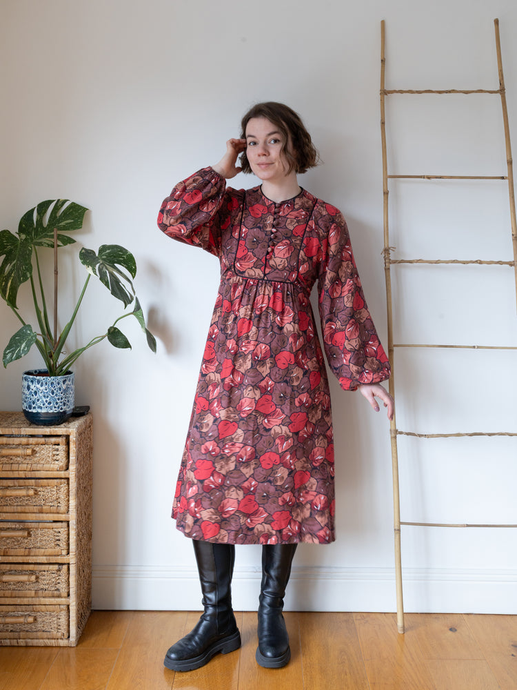 Autumnal Leaf Balloon Sleeve Dress - S