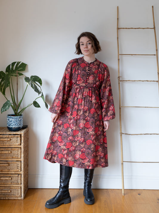 Autumnal Leaf Balloon Sleeve Dress - S
