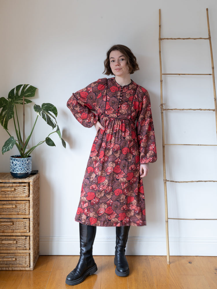 Autumnal Leaf Balloon Sleeve Dress - S