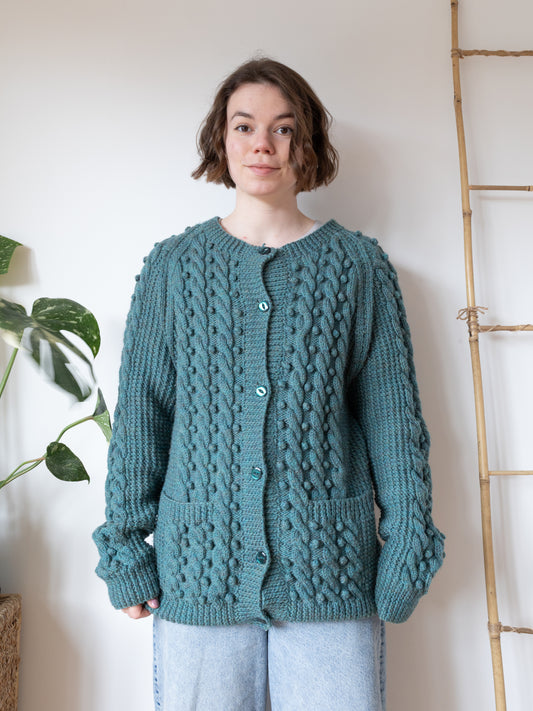 Green Cable Knit Cardigan - L