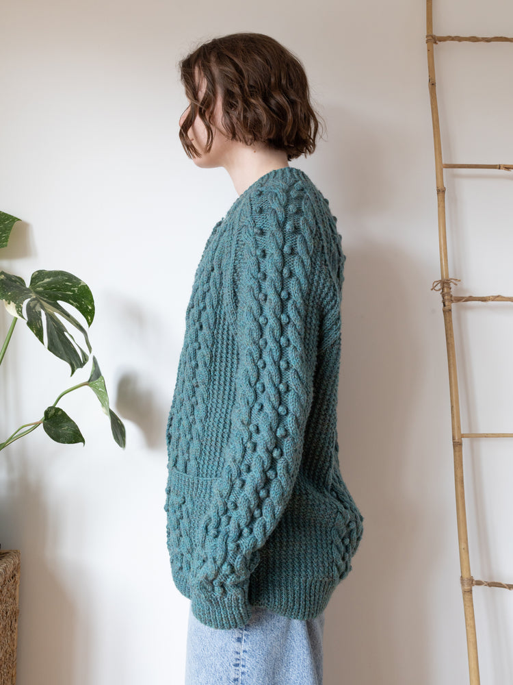 Green Cable Knit Cardigan - L
